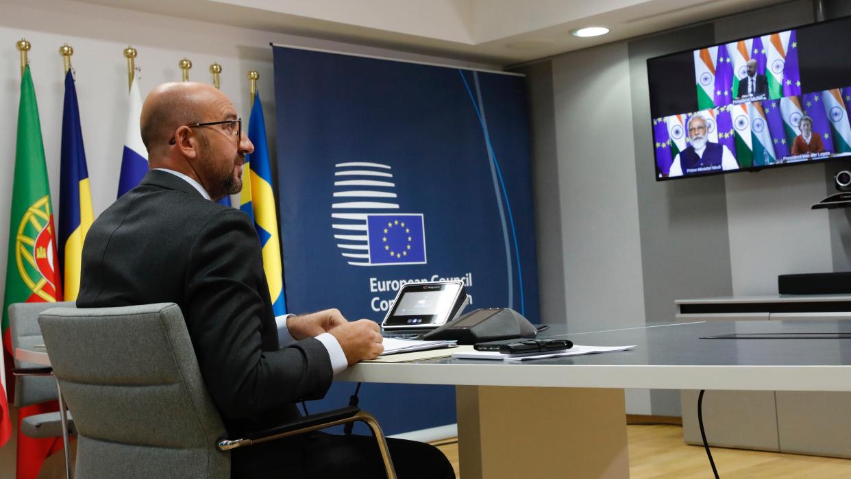 Photo of Charles Michel, President of the European Council, on a video call with Indian Prime Minister Modi and EU Commission President von der Leyen