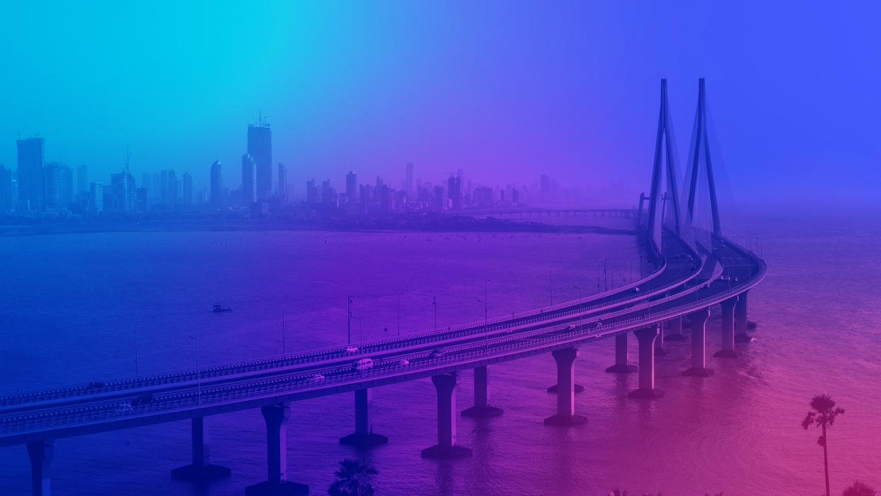 Visual of bridge and skyline in Mumbai created in corporate colors of DGAP