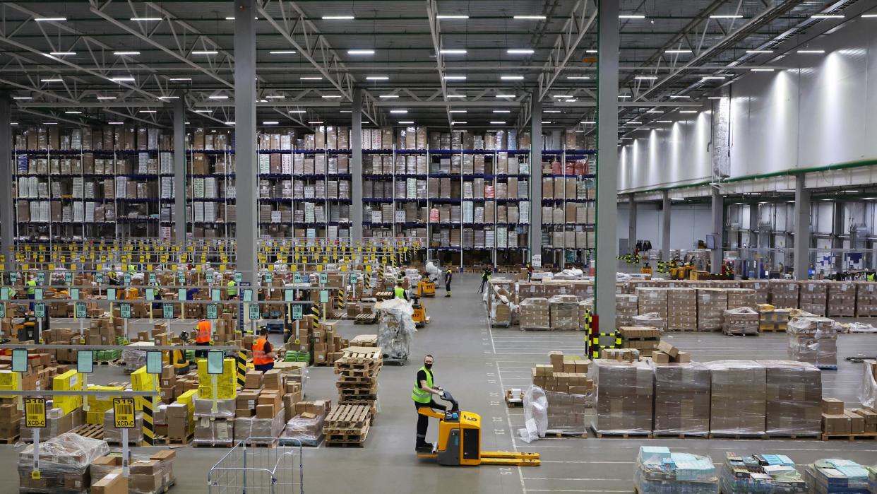 An employee operates a forklift at a warehouse of Russian retailer Lenta in Leningrad Region, Russia April 27, 2022.