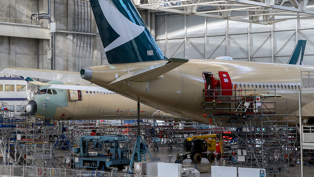 Airbus A350 planes on the assembly line in Toulouse, western France, Tuesday, March 6, 2018.