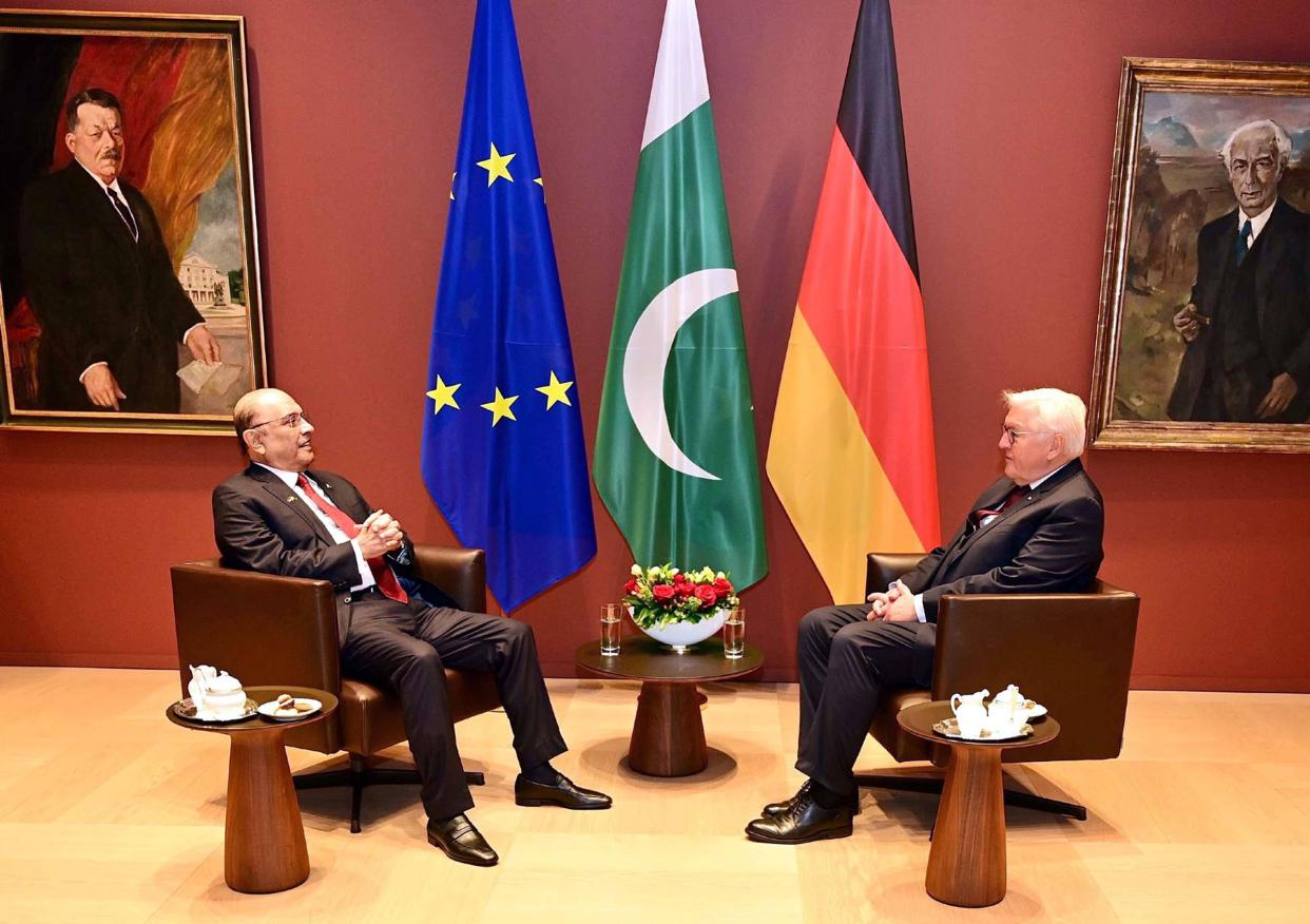 Pakistans Präsident Asif Ali Zardari (links) und Bundespräsident Frank-Walter Steinmeier (rechts) sitzen sich bei einem offiziellen Treffen in Berlin gegenüber. Im Hintergrund sind die Flaggen der EU, Pakistans und Deutschlands zu sehen.