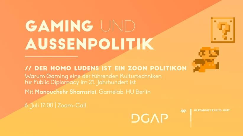 Orange-Gelbes Visual zum Thema Gaming und Außenpolitik von Junge DGAP und Auswärtiges Amt