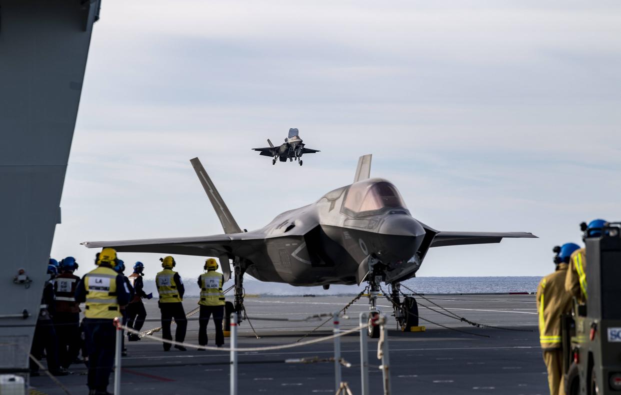 Royal Navy F-35B Lightning stealth fighter aircraft during flight operations on the HMS Queen Elizabeth aircraft carrier