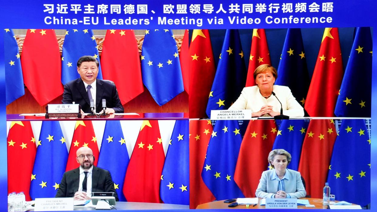 Screenshot of participants in the EU-China leaders' meeting, which was held via video conference on September 14, 2020
