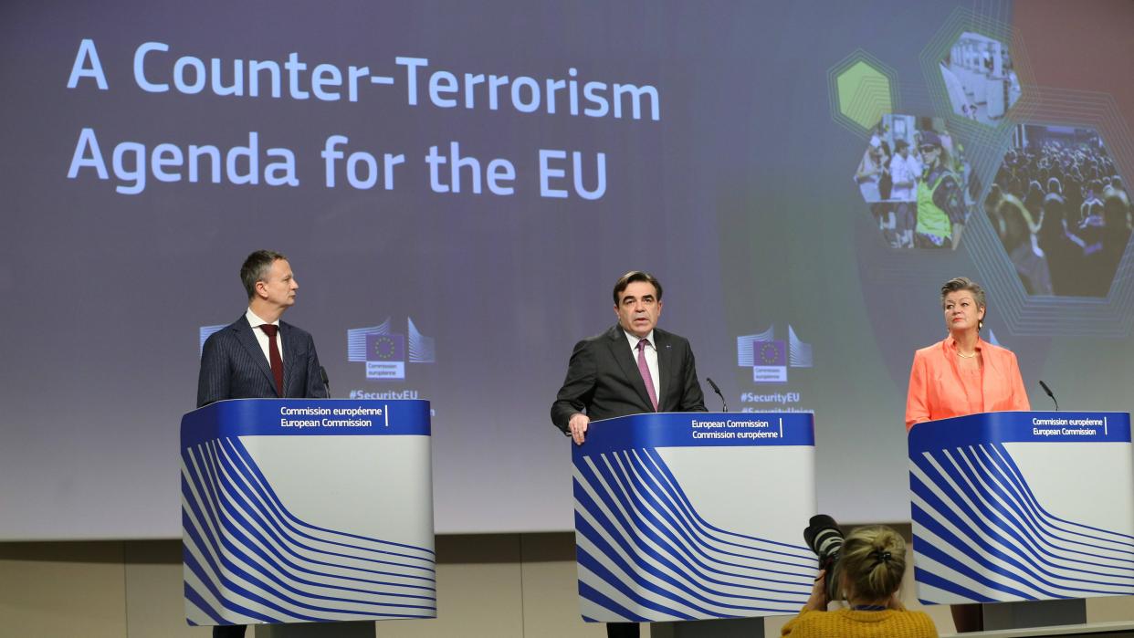 Photo of a press conference on Dec. 8, 2020, on a new EU counter-terrorism program, a strengthened mandate for Europol, and progress made in the framework of the strategy for security union