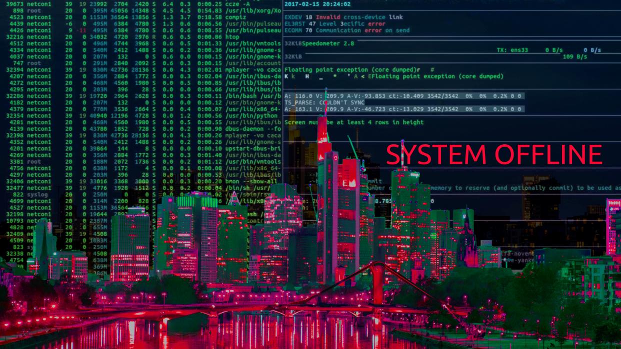Graphic of the Frankfurt skyline with computer code in the background symbolizing a cyber attack