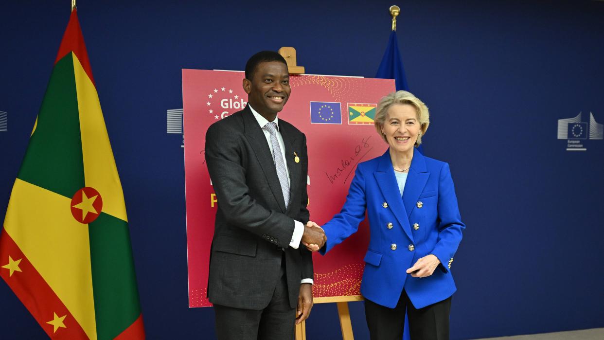 Ursula von der Leyen, Dickon Mitchell meeting in BrussUrsula von der Leyen, Grenada Prime Minister Dickon Mitchell, 2025 Global Gateway Forum