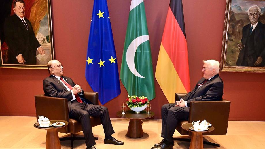 Pakistans Präsident Asif Ali Zardari (links) und Bundespräsident Frank-Walter Steinmeier (rechts) sitzen sich bei einem offiziellen Treffen in Berlin gegenüber. Im Hintergrund sind die Flaggen der EU, Pakistans und Deutschlands zu sehen.