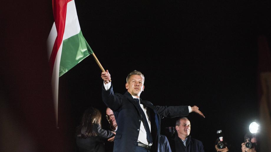 12 Apr 2026 Peter Magyar waves the Hungarian flag after his speech during the TISZA party s election night event in Budapest.