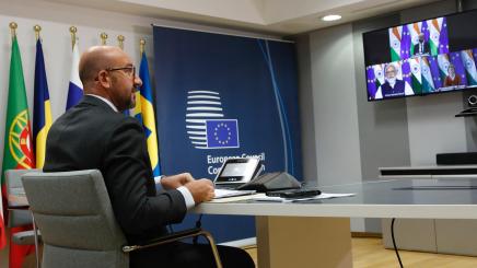 Photo of Charles Michel, President of the European Council, on a video call with Indian Prime Minister Modi and EU Commission President von der Leyen