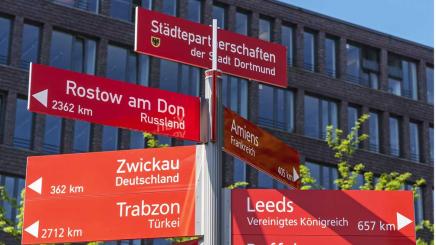 Bild: Wegweiser mit Partnerstädten in Dortmund