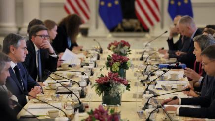 European Commission Executive Vice President Margrethe Vestager delivers remarks as US Secretary of State Antony Blinken hosts the fifth US-EU Trade and Technology Council Ministerial Meeting at the State Department in Washington, January 30, 2024.