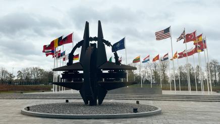 Sculpture and flags at NATO headquarters in Brussels