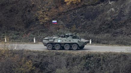 Photo of a tank belonging to Russian peacekeepers guarding the area near the Dadivank monastery.