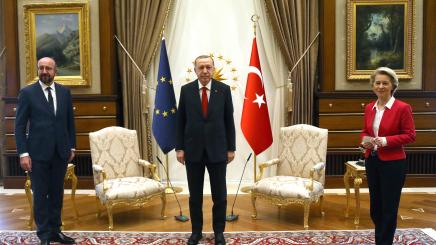 Turkish President Recep Tayyip Erdogan (C) meets with European Council President Charles Michel (L) and European Commission President Ursula von der Leyen in Ankara, Turkey, on April 6, 2021.