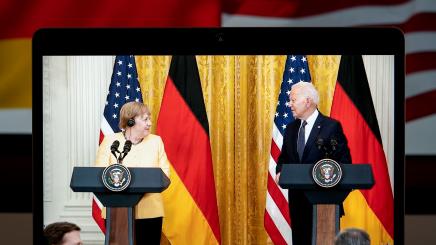 U.S. President Joe Biden (R) and German Chancellor Angela Merkel attending a joint press conference at the White House
