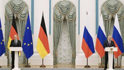 Vladimir Putin and German Chancellor Olaf Scholz attend a joint press conference following their meeting at Moscow's Kremlin, Russia.